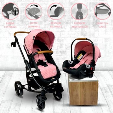 COCHE TRAVEL SYSTEM BABY KITS PRIMA PLUS ROSADO BEBÉ CON SILLA PORTABEBE