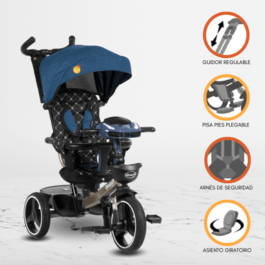 TRICICLO EBABY GUIADOR SANTORINI AZUL USB DELUXE BLUE PARA NIÑOS