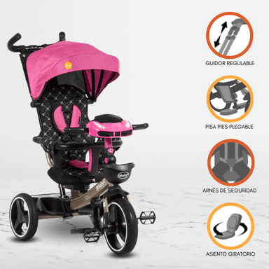 TRICICLO EBABY GUIADOR SANTORINI ROSADO USB DELUXE PARA NIÑOS