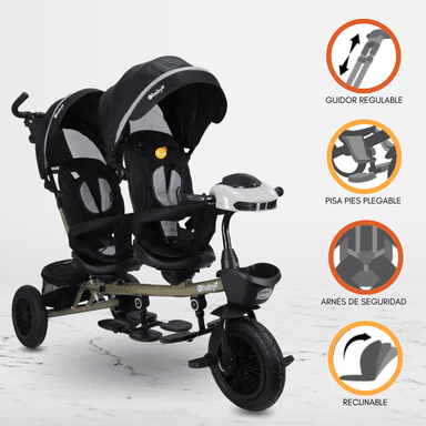 TRICICLO EBABY GUIADOR DE PASEO GEMELAR NEGRO PARA NIÑOS