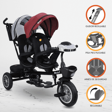 TRICICLO EBABY GUIADOR DE PASEO GEMELAR GRIS RED GRAY PARA NIÑOS