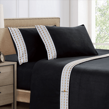 SET SÁBANAS CASATEX 2 PLAZAS POLAR NEGRO BORDADA ULTRA SUAVE 4 PIEZAS