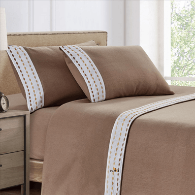 SET SÁBANAS CASATEX 2 PLAZAS POLAR CAQUI BORDADA ULTRA SUAVE 4 PIEZAS