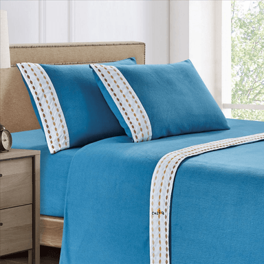 SET SÁBANAS CASATEX 2 PLAZAS POLAR CELESTE BORDADA ULTRA SUAVE 4 PIEZAS