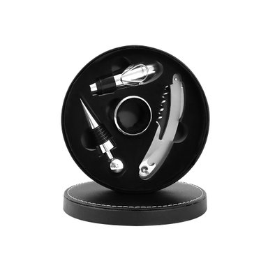 PACK 4 ACCESORIOS BAR NEGRO PIEZAS VINO WINE GIFT ESTUCHE REDONDO CUERO