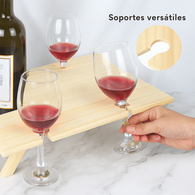 MESA DE PICNIC PLEGABLE PARA VINO CON SOPORTE PARA 4 COPAS Y 1 BOTELLA – MADERA NATURAL - 2