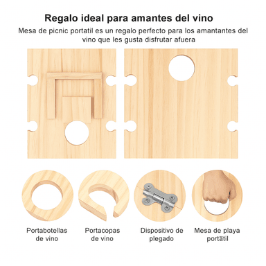 MESA DE PICNIC PLEGABLE PARA VINO CON SOPORTE PARA 4 COPAS Y 1 BOTELLA – MADERA NATURAL - 3