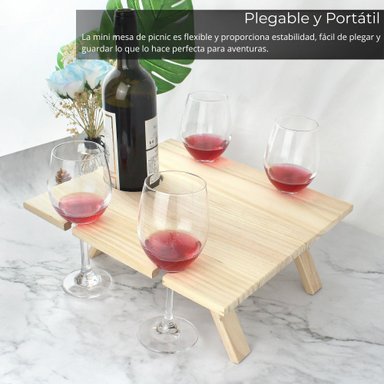 MESA DE PICNIC PLEGABLE PARA VINO CON SOPORTE PARA 4 COPAS Y 1 BOTELLA – MADERA NATURAL - 4