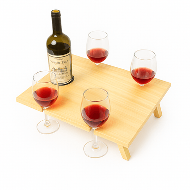 MESA DE PICNIC PLEGABLE PARA VINO CON SOPORTE PARA 4 COPAS Y 1 BOTELLA – MADERA BARNIZADA