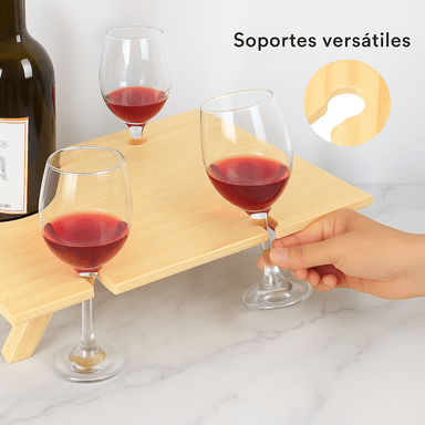 MESA DE PICNIC PLEGABLE PARA VINO CON SOPORTE PARA 4 COPAS Y 1 BOTELLA – MADERA BARNIZADA - 2