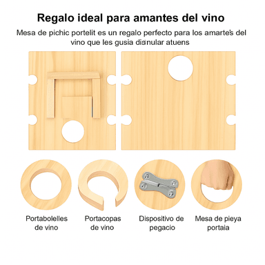MESA DE PICNIC PLEGABLE PARA VINO CON SOPORTE PARA 4 COPAS Y 1 BOTELLA – MADERA BARNIZADA - 3