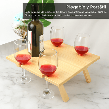 MESA DE PICNIC PLEGABLE PARA VINO CON SOPORTE PARA 4 COPAS Y 1 BOTELLA – MADERA BARNIZADA - 5