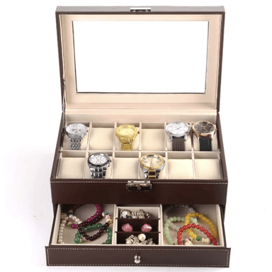 JOYERO MARRON DE DOBLE CAPA CAJÓN DE RELOJ ORGANIZADOR