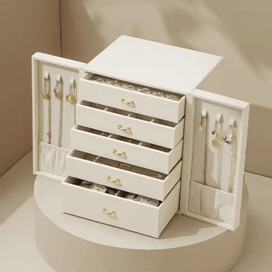 JOYERO ORGANIZADOR PORTÁTIL ROSA 5 CAJONES MAS LATERALES PARA COLLARES.