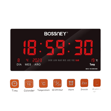 RELOJ DIGITAL BOSSNEY DE PARED 46X22CM HORA ROJO FECHA TEMPERATURA