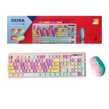 KIT TECLADO INALÁMBRICO SEISA DN-C400 Y MOUSE ROSADO MULTICOLOR PC - 1