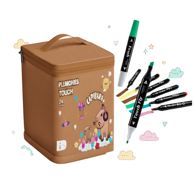 PLUMONES MARCADORES TOUCH DISEÑO CAPIBARA KAWAII SET DE 24 PCS DOBLE PUNTA / REGRESO A CLASES