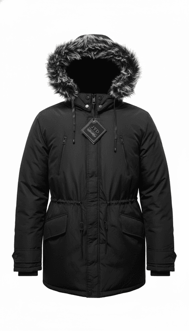 CASACA NEGRA TÉRMICA CON CAPUCHA DE PELUCHE – INVIERNO IMPERMEABLE TALLA L PEQUEÑA - 1