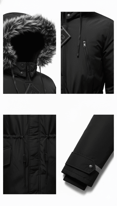 CASACA NEGRA TÉRMICA CON CAPUCHA DE PELUCHE – INVIERNO IMPERMEABLE TALLA L PEQUEÑA - 3