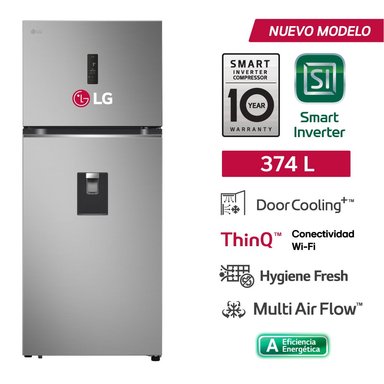 REFRIGERADORA TOP FREEZER LG 374L VT38SPYC S/DISPENSADOR PLATEADA