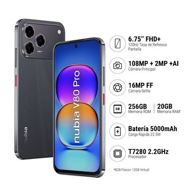 CELULAR 4G NUBIA V80 PRO 256GB 8GB RAM CÁMARA PRINCIPAL 108MP NEGRO - 1