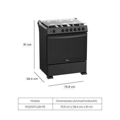 COCINA A GAS MIDEA MGS30TL6B-PE 30 PULGADAS 6 HORNILLAS NEGRO - 2