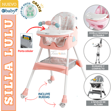 SILLA DE COMER PARA BEBE LULU PLEGABLE ROSADO EBABY CON PLATITO GRATIS