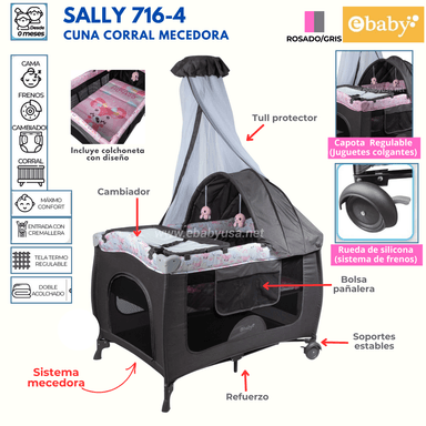 CUNA CORRAL MECEDORA CON CAMBIADOR SALLY 716-4 ROSADO CON GRIS