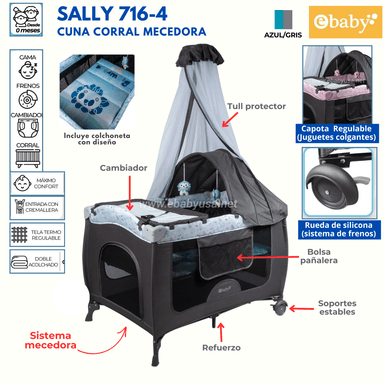 CUNA CORRAL MECEDORA CON CAMBIADOR SALLY 716-4 AZUL CION GRIS