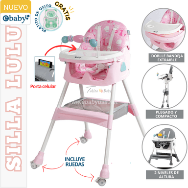 SILLA DE COMER PARA BEBE LULU PLEGABLE FUCSIA EBABY CON PLATITO GRATIS