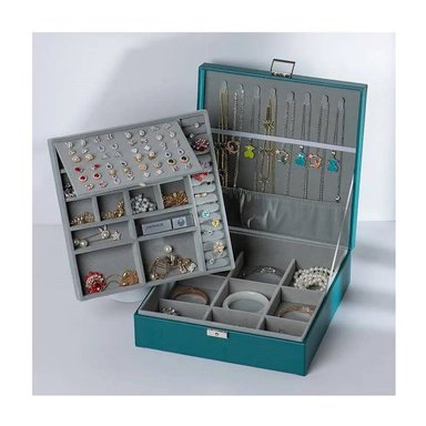 JOYERO GRANDE DOBLE CAPA PU ORGANIZADOR JOYAS VERDE