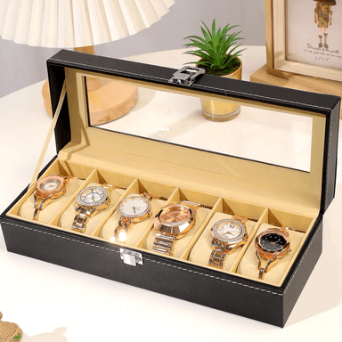 PORTA RELOJES Y PULSERAS RELOJERO LUJO ELEGANTE 6 COMPARTIMIENTOS NEGRO