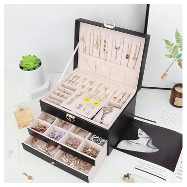 JOYERO GRANDE DE TRES CAPAS PU ORGANIZADOR DE JOYAS DE 3 NIVELES