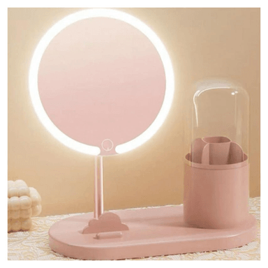 ESPEJO LED CON ORGANIZADOR GIRATORIO PARA COSMÉTICOS Y BROCHAS