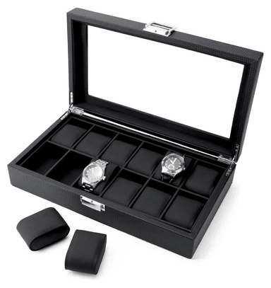 ORGANIZADOR DE 12 RELOJES – DISEÑO FIBRA DE CARBONO CON TAPA DE VIDRIO