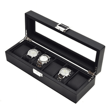 ORGANIZADOR DE RELOJES 6 COMPARTIMIENTOS – FIBRA DE CARBONO Y ESTRUCTURA DE MADERA