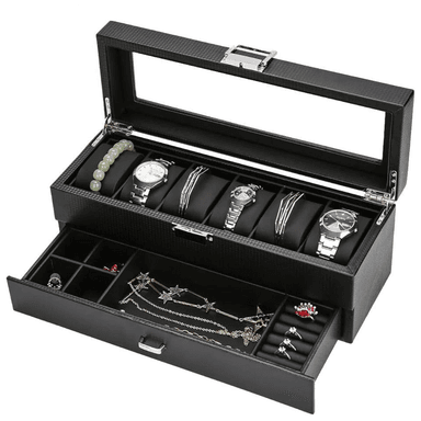 ORGANIZADOR DE RELOJ DE 2 NIVELES DE MADERA FORRADO CON FIBRA DE CARBONO