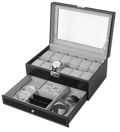 PORTA RELOJ DE 2 NIVELES PU CON 12 COMPARTIMIENTOS Y CON CAJÓN DE JOYAS