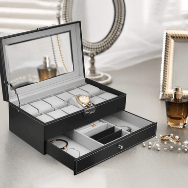 PORTA RELOJ DE 2 NIVELES PU CON 12 COMPARTIMIENTOS Y CON CAJÓN DE JOYAS - 2