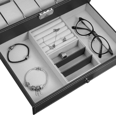 PORTA RELOJ DE 2 NIVELES PU CON 12 COMPARTIMIENTOS Y CON CAJÓN DE JOYAS - 3