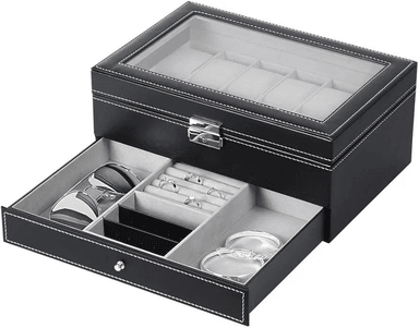 PORTA RELOJ DE 2 NIVELES PU CON 12 COMPARTIMIENTOS Y CON CAJÓN DE JOYAS - 4