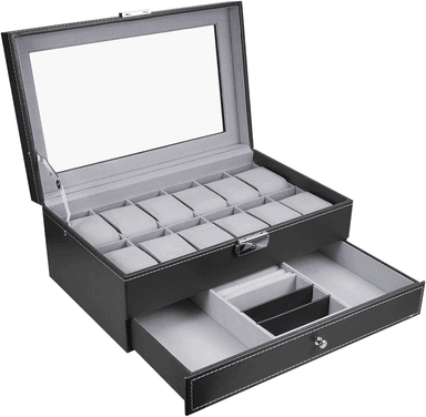 PORTA RELOJ DE 2 NIVELES PU CON 12 COMPARTIMIENTOS Y CON CAJÓN DE JOYAS - 6