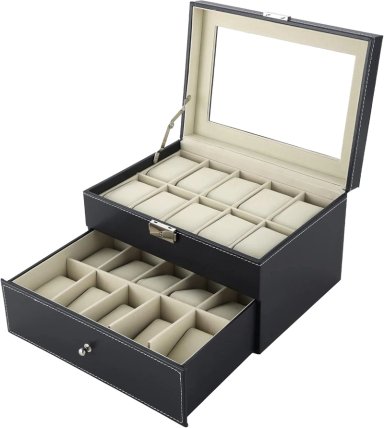 PORTA RELOJ DE 2 NIVELES PU CON 20 COMPARTIMIENTOS PARA RELOJ Y PULSERAS