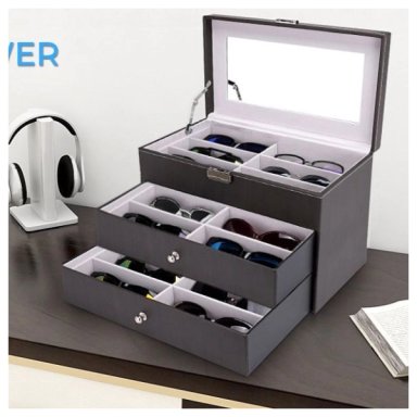 ORGANIZADOR PARA LENTES O GAFAS DE 18 COMPARTIMENTOS DE CUERO PU Y TERCIOPELO 3 NIVELES ELEGANTE - 2