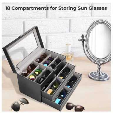 ORGANIZADOR PARA LENTES O GAFAS DE 18 COMPARTIMENTOS DE CUERO PU Y TERCIOPELO 3 NIVELES ELEGANTE - 3