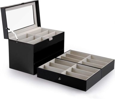 ORGANIZADOR PARA LENTES O GAFAS DE 18 COMPARTIMENTOS DE CUERO PU Y TERCIOPELO 3 NIVELES ELEGANTE - 6