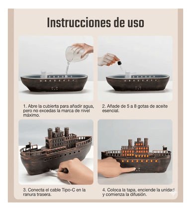 HUMIDIFICADOR Y DIFUSOR DE AROMAS DISEÑO BARCO DE VAPOR CLÁSICO - TEMPORIZADOR - 5