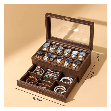 ORGANIZADOR DE RELOJES DE MADERA DE 12 COMPARTIMENTOS CON CAJÓN JOYERO Y TAPA DE VIDRIO - 1