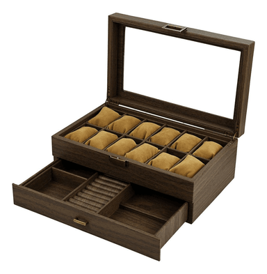 ORGANIZADOR DE RELOJES DE MADERA DE 12 COMPARTIMENTOS CON CAJÓN JOYERO Y TAPA DE VIDRIO - 4