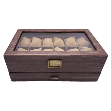 ORGANIZADOR DE RELOJES DE MADERA DE 12 COMPARTIMENTOS CON CAJÓN JOYERO Y TAPA DE VIDRIO - 5